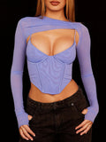 Purple Long Sleeve Crop Top Spaghetti Strap Corset Top Shirt - Divine Diva Beauty