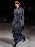 Solid Long Sleeve O Neck Velvet Midi Dress With Gloves Bodycon