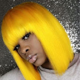 Glueless Short Human Hair Wigs With Bangs Blonde Yellow Purple Brazilian Straight Hair Short Bob Wigs - Divine Diva Beauty