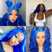 Blue Lace Front Wig Synthetic Hair Long Deep Water Wave  Burgundy Red /Orange Colored Wig  Soft Hair Glueless Wig