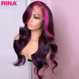 Wig Pink Purple Colored Body Wave Lace Front Wig Peruvian Virgin Human Hair Wigs 13x4 Lace Frontal Purple Wig