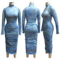 turtleneck Midi Dress Women Pleat Tie dye Print Skinny Bodycon Party Dresses