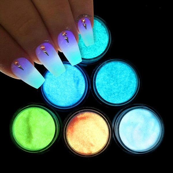6 Boxes Glow in the Dark Nails Acrylic Powder Manicure Fluorescent Luminous Effect Phosphor Pigment For Nail Design
