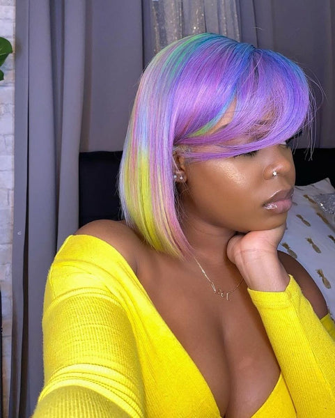 Mix Rainbow Purple Color 13x4 Lace Front Wig Pre Plucked Side Bangs Bob Wig Human Hair Wigs Remy hd Lace Wig - Divine Diva Beauty