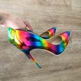 Artsy Glossy Colorful Print Women Pointed Toe 3 inch High Heels pumps 11+