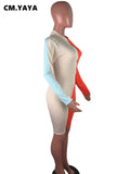 Women Playsuit Patchwork Stand Collar Full Sleeve Zip Sheath Elastic Bodycon bodysuit