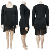 Plus Size avail Long Sleeve Black Dress with Tassel High Waist Club Sexy Bodycon Dress
