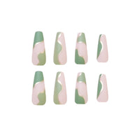 24Pcs Detachable Green Gold Wavy Lines False Nails French Long Ballerina Nail Press On False Nail Full Cover Nail Tips Manicure