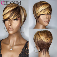 Highlight Blonde Short Bob Wig Pixie Cut Wig Human Hair Wigs With Bangs Brazilian Wigs for  Full Machine Made Wig - Divine Diva Beauty