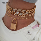 Iced Out Rhinestone Crystal Miami Cuban Anklet Padlock Pendant Anklet On Foot Barefoot Sandals Jewelry