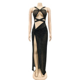 Sexy Black Mesh Glitter Crystal Maxi Dress