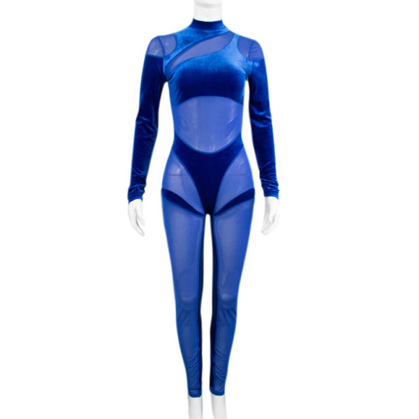 Sexy Blue Velvet Mesh Patchwork Skinny Long Jumpsuit bodysuit