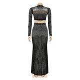 Sexy Mesh Drilling See Through Skirt Set Women Crystal Long Sleeve Top And Maxi Skirt 2 piece