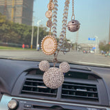 Luxury Diamond Rhinestone Cartoon Mickey Head Car Ornaments Crystal Tassels Pendant Mink Fur Car Mirror Hanging Decoration Women - Divine Diva Beauty