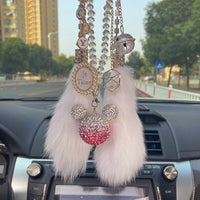 Luxury Diamond Rhinestone Cartoon Mickey Head Car Ornaments Crystal Tassels Pendant Mink Fur Car Mirror Hanging Decoration Women - Divine Diva Beauty