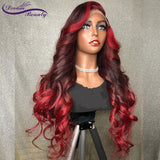 Ombre Red Burgundy 13X4 Lace Front Human Hair Wigs 180% Brazilian Remy Red Highlight Wavy - Divine Diva Beauty