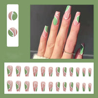 nails with green checkered design Full Cover Long Coffin Ballerina False Nails DIY Glue Press On Nails Detachable Nail Tips