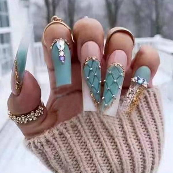 Press On Nails Long Coffin False Nails French Ballerina Green Plaid with Diamond Gold Foil Design Fake Nails Full Cover Nail Tip