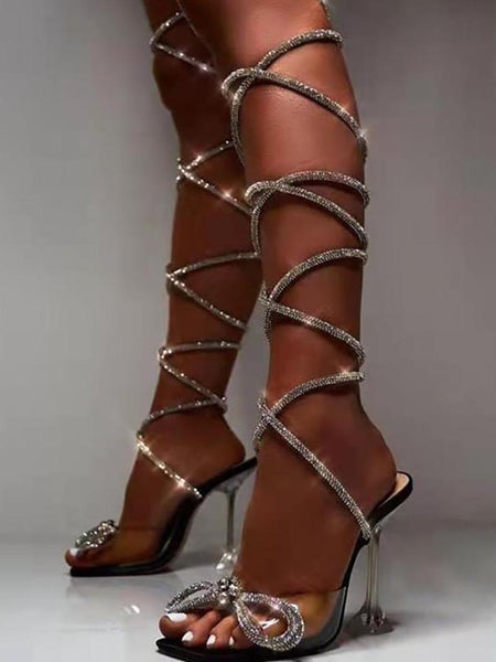 Diamond Crystal Heels Shiny Sandals cross tie shoes