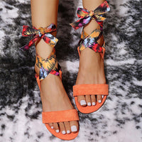 Women Bandage Gladiator Print Flat Shoes