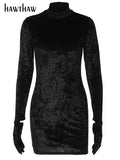 Women Long Sleeve Bodycon Streetwear Party Club Velvet Black Mini Dress