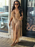 Knit Rib Tassel Bodysuit Rompers Sexy Fishnet Halter Lace Up V Neck - Divine Diva Beauty