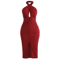 Summer Sexy Bodycon Slit Slim Mid Length Pleated Dress