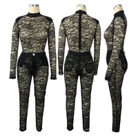 Turtleneck Full Sleeve Mesh Bodysuit + Pants Suit 2 Piece Set