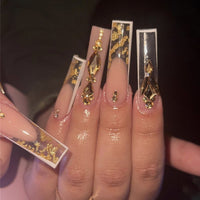 24pcs Maple Leaf fake nails with rhinestones full acrylic press on fake nails removeable French false coffin ballerina nails