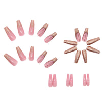 Gold Rhinestone Powder Pink French Nails Press on Fingernails