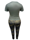 Plus Size Women Two Piece Cartoon Camo Print Pants Set Short Sleeve O Neck Tee and Casual Sheath Trousers Matching Outfits