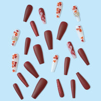 Autumn Winter New False Nails With Designs Long Ballerina Maple Leaf Fake Nails Press On Nails Wine Red French Coffin Nail Tips