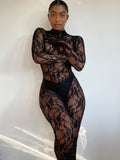 Long Sleeve With Gloves Lace Mesh Jumpsuit Bodycon Sexy See bodysuit