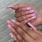 24pc Long Coffin Acrylic Fake Nails Wearable Ballerina Rhinestone Butterfly Glitter Full Cover Nail Tips Press On Nails