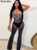 Sexy Crystal Mesh Patchwork Long Pants Jumpsuit