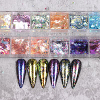 12 Grids Opal Dream Crystal Sequins Nail Flake Galaxy Iridescent Aurora 3D Paillette for Winter Autumn Manicure Decoration