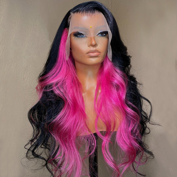 Lace Front Wig Synthetic Wigs Lace Frontal Wigs Side Part Black/Pink Lace Wig Heat Resistant Hair - Divine Diva Beauty
