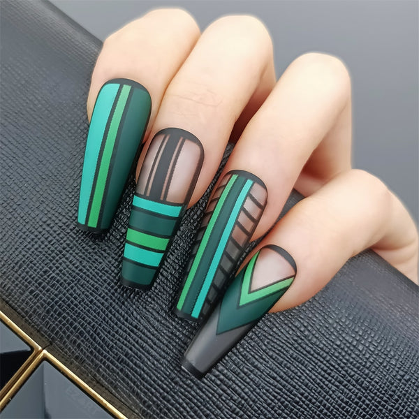 24pcs New Symmetric Design False Nails with Line Grid Pattern Colorful Summer Press On Nails Art Coffin Long Green Manicure