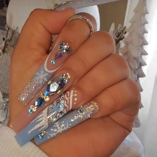 Long False Nails Snowflake Design Shiny French Fake Nails with diamond