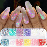 12 Grids Opal Dream Crystal Sequins Nail Flake Galaxy Iridescent Aurora 3D Paillette for Winter Autumn Manicure Decoration