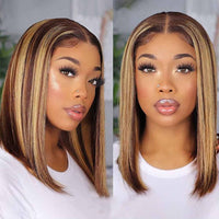 Highlight Bob Wig Human Hair Wigs  Brazilian 13x1 T Part Honey Blonde Ombre Colored Bob Wig Straight Lace Front Wigs