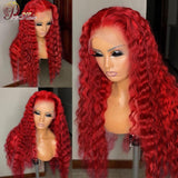 Hot Red Lace Frontal Wig Curly Human Hair Wigs 99J Deep Wave 13x4 Transparent Lace Wig T PART Lace Front Human Hair Pre plucked - Divine Diva Beauty