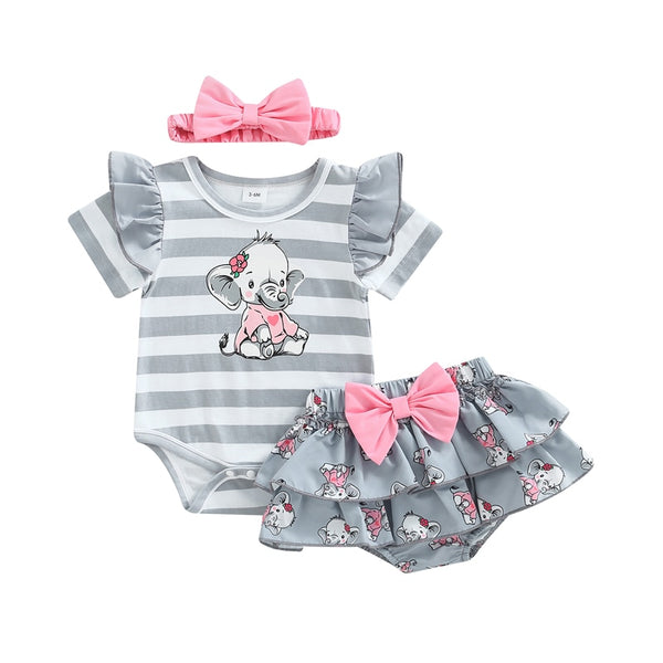 Baby Romper Suit Striped Cartoon Elephant Print Short Sleeve outfit