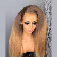 Yaki Kinky Straight 13*4 Lace Front Hair Wig Ombre Blonde Synthetic Lace Wig Pre Plucked Free Part  Brown Root