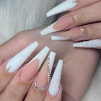 24Pcs/Box White French Fake Nails Press on Long XL Length Rhinestone Design False Nails Full Cover Acrylic Nail Tips - Divine Diva Beauty