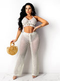 Knitted Set Two Pieces Set Halter Backless Bra Top Pants 2 Pieces Set Hollow Out Beach Wear swimwear