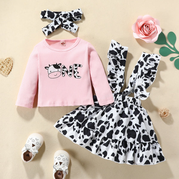 Cute Baby Dress Long Sleeve Pink Top+Cow Print Ruffles outfit bby