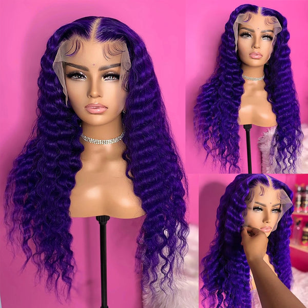 Purple Curly Human Hair Wig 13x4 Transparent Lace Front Wigs 360 lace Frontal HD Transparent T part Closure colored