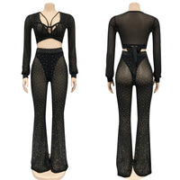 Two Piece Set Women Long Sleeve Mesh Sheer Crop Top and Rhinestone Flare Pants Matching Sets