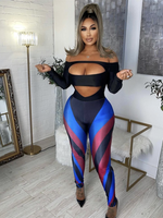 Two Piece Sets Outfits Long Sleeve Bodycon Bodysuit Patchwork Pants Suits Black Matching Set